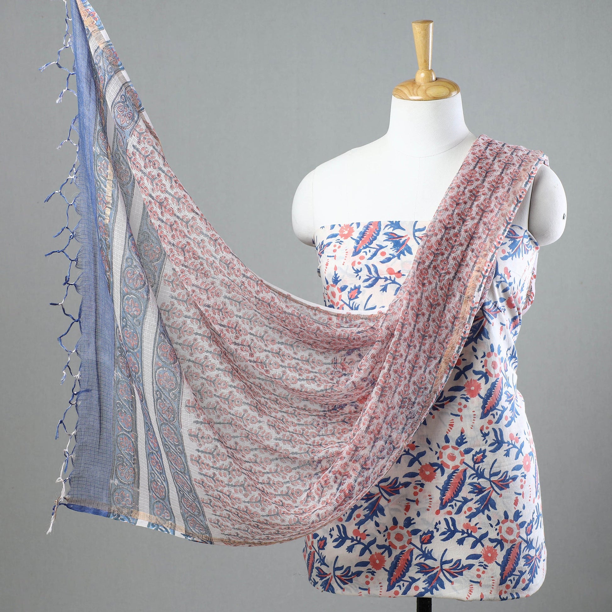 3pc Sanganeri Block Printed Cotton Suit Material with Kota Doria Dupatta 09