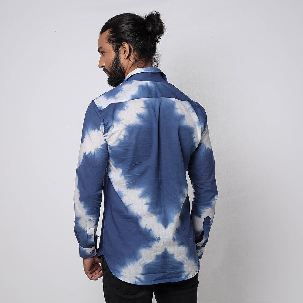 Blue & White - Shibori Tie-Dye Cotton Men Full Sleeve Shirt