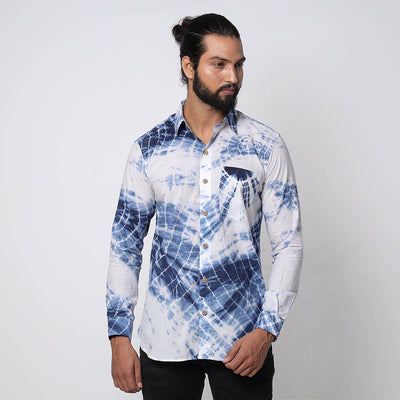 Blue & White - Shibori Tie-Dye Cotton Men Full Sleeve Shirt