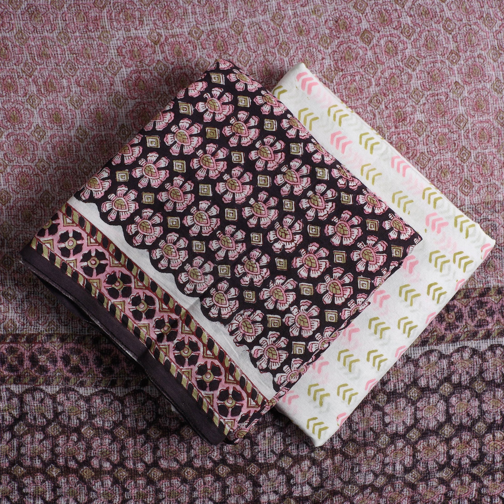 3pc Sanganeri Block Printed Cotton Suit Material with Kota Doria Dupatta 01