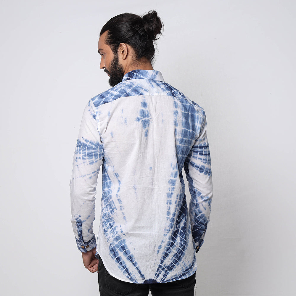 Blue & White - Shibori Tie-Dye Cotton Men Full Sleeve Shirt