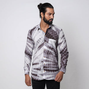 Brown & White Shibori Tie-Dye Cotton Men Full Sleeve Shirt