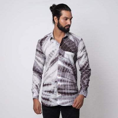 Brown & White Shibori Tie-Dye Cotton Men Full Sleeve Shirt