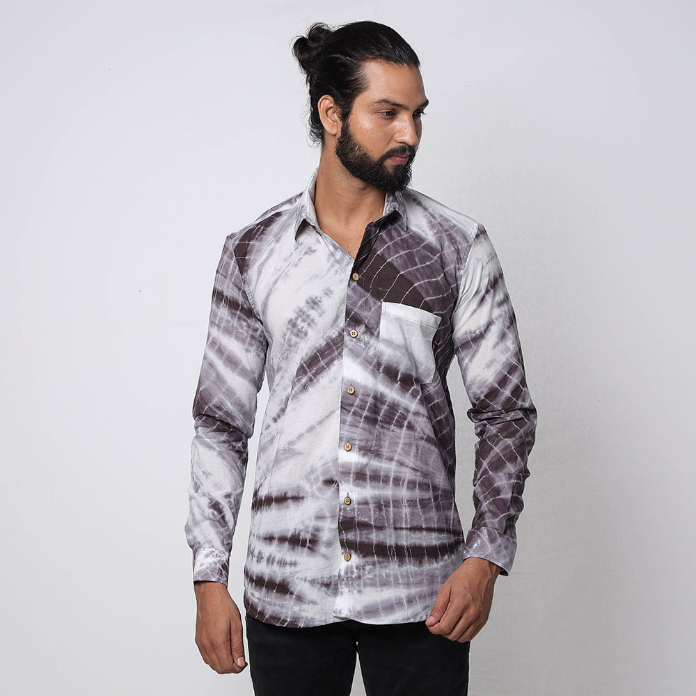 Brown & White Shibori Tie-Dye Cotton Men Full Sleeve Shirt