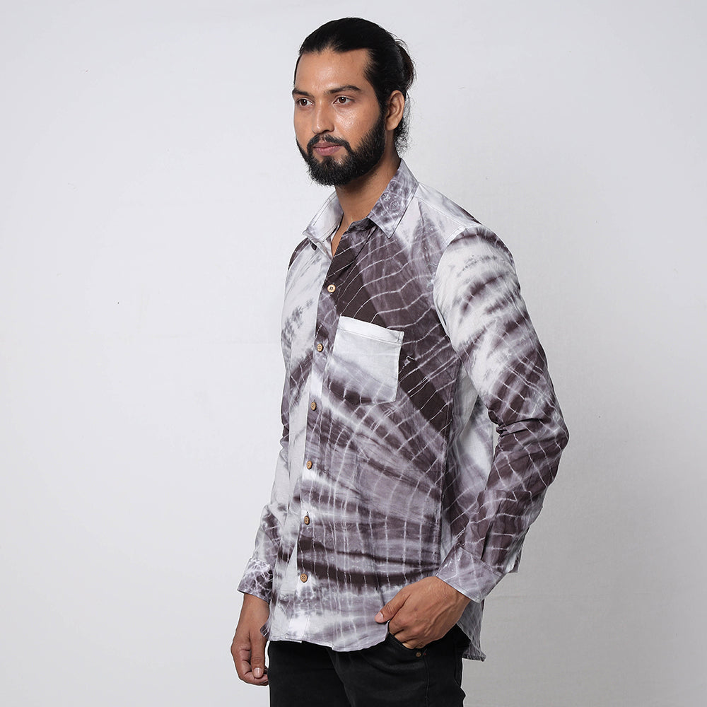 Brown & White Shibori Tie-Dye Cotton Men Full Sleeve Shirt