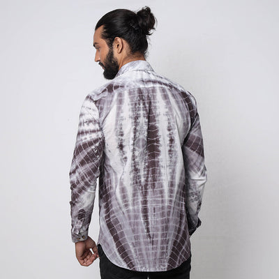 Brown & White Shibori Tie-Dye Cotton Men Full Sleeve Shirt