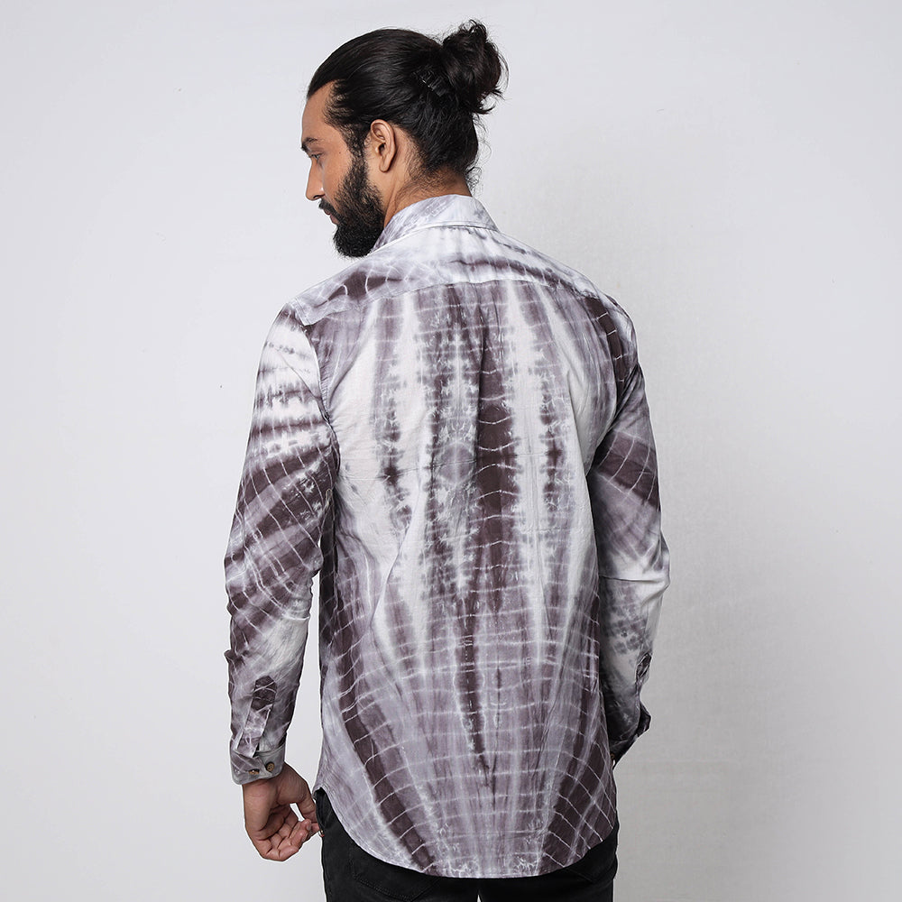 Brown & White Shibori Tie-Dye Cotton Men Full Sleeve Shirt