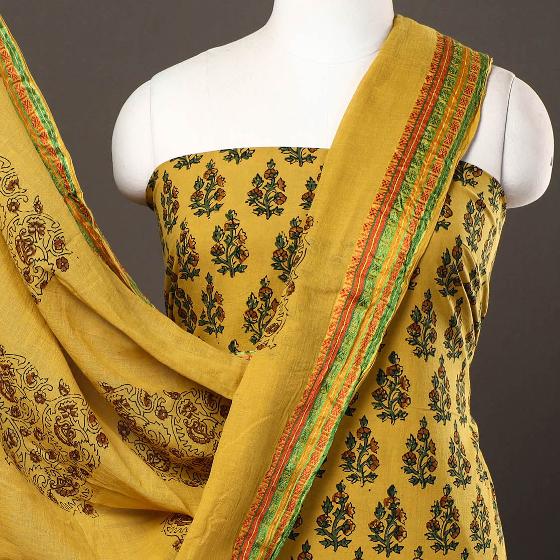 3pc Ajrakh Block Printed Cotton Suit Material Set 09