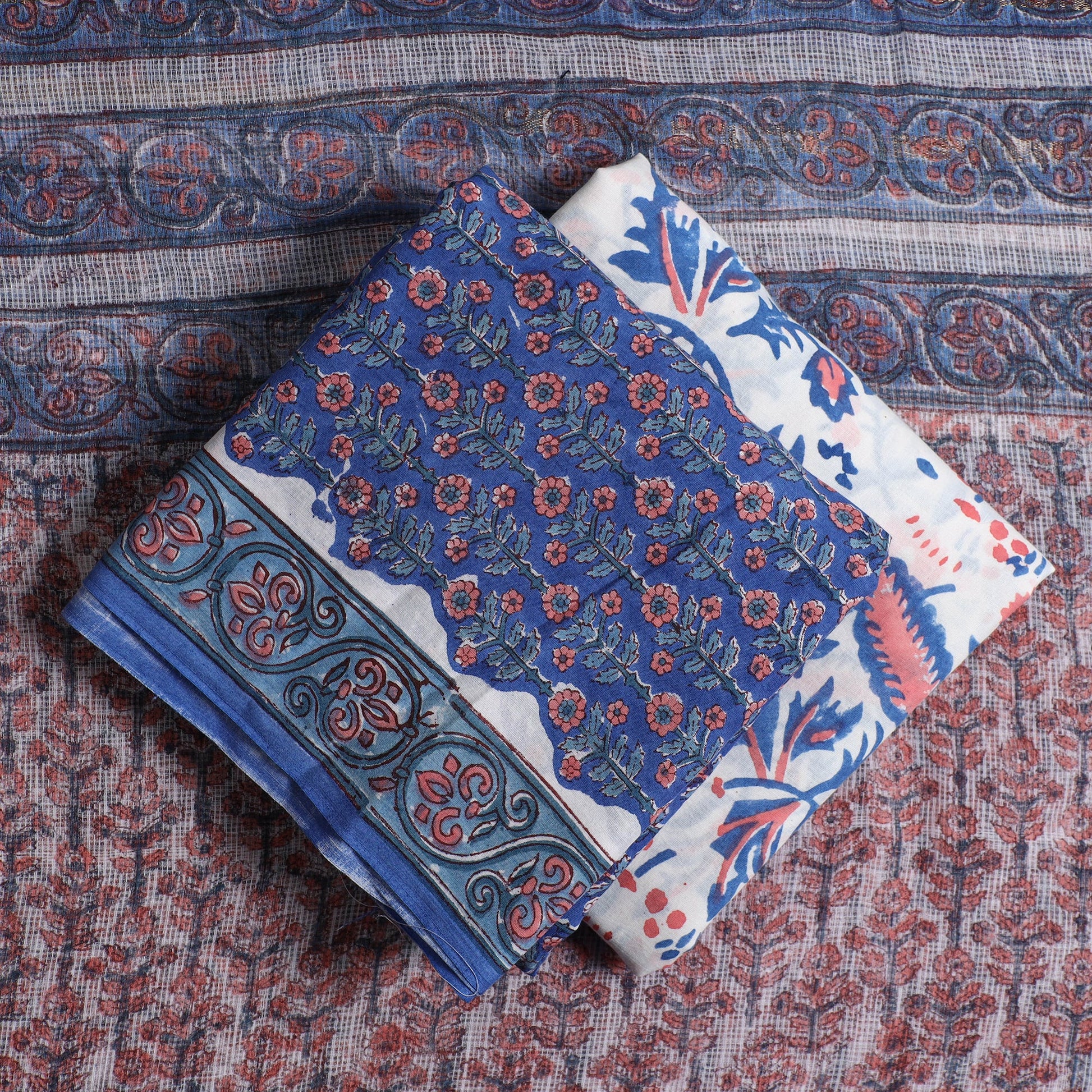 3pc Sanganeri Block Printed Cotton Suit Material with Kota Doria Dupatta 09