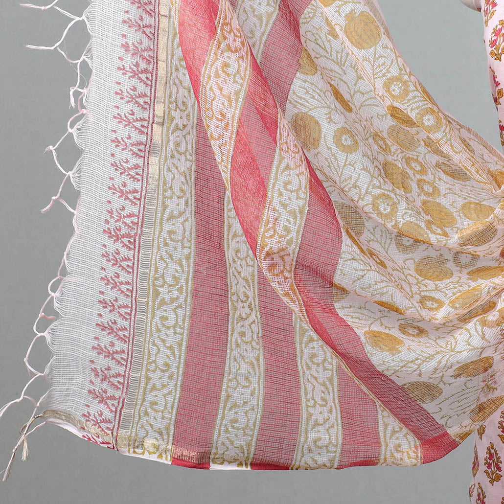 3pc Sanganeri Block Printed Cotton Suit Material with Kota Doria Dupatta 10