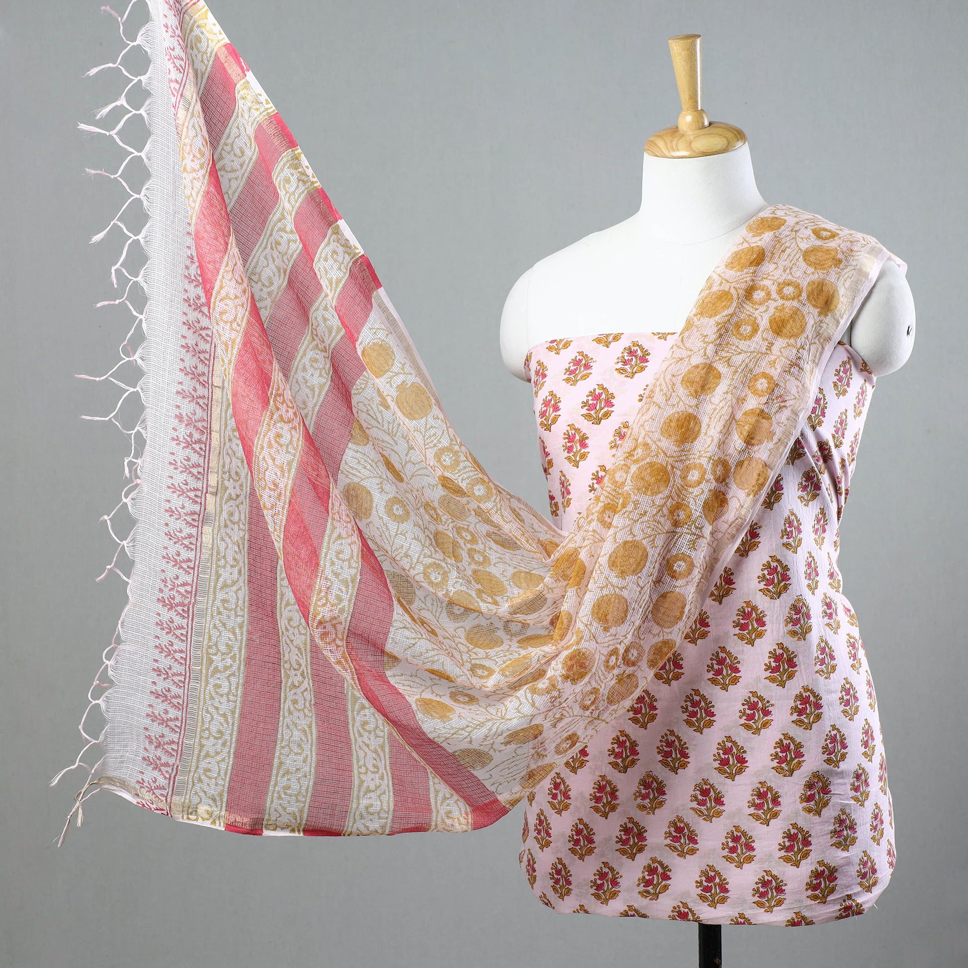 3pc Sanganeri Block Printed Cotton Suit Material with Kota Doria Dupatta 10