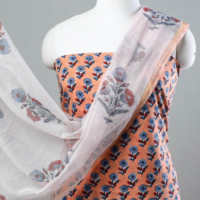 3pc Sanganeri Block Printed Cotton Suit Material with Kota Doria Dupatta 11