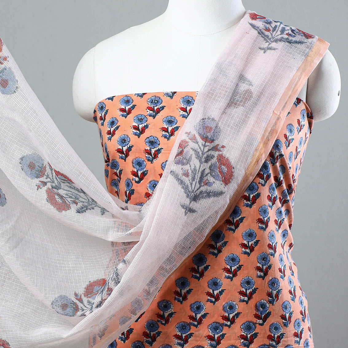 3pc Sanganeri Block Printed Cotton Suit Material with Kota Doria Dupatta 11