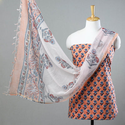 3pc Sanganeri Block Printed Cotton Suit Material with Kota Doria Dupatta 11