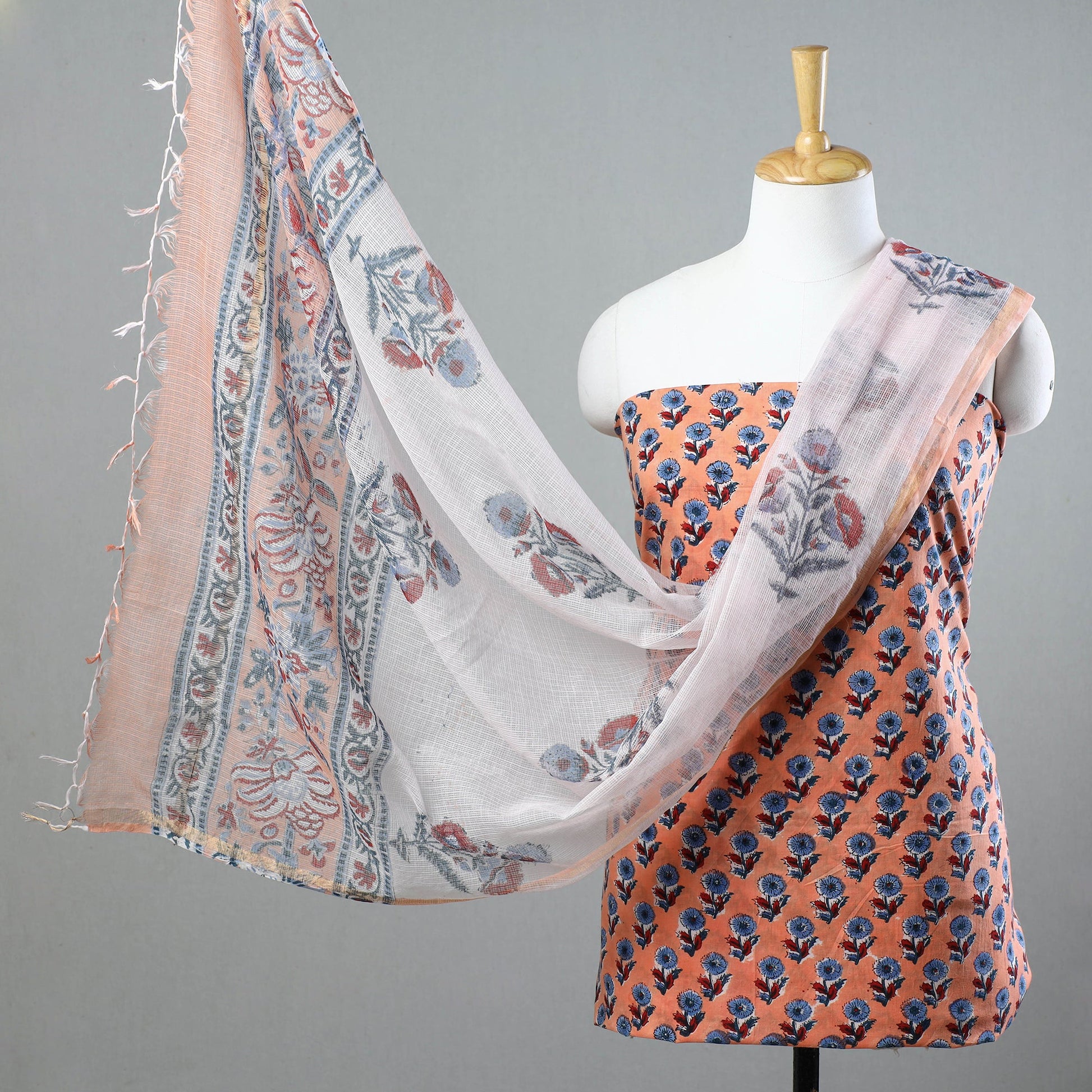 3pc Sanganeri Block Printed Cotton Suit Material with Kota Doria Dupatta 11