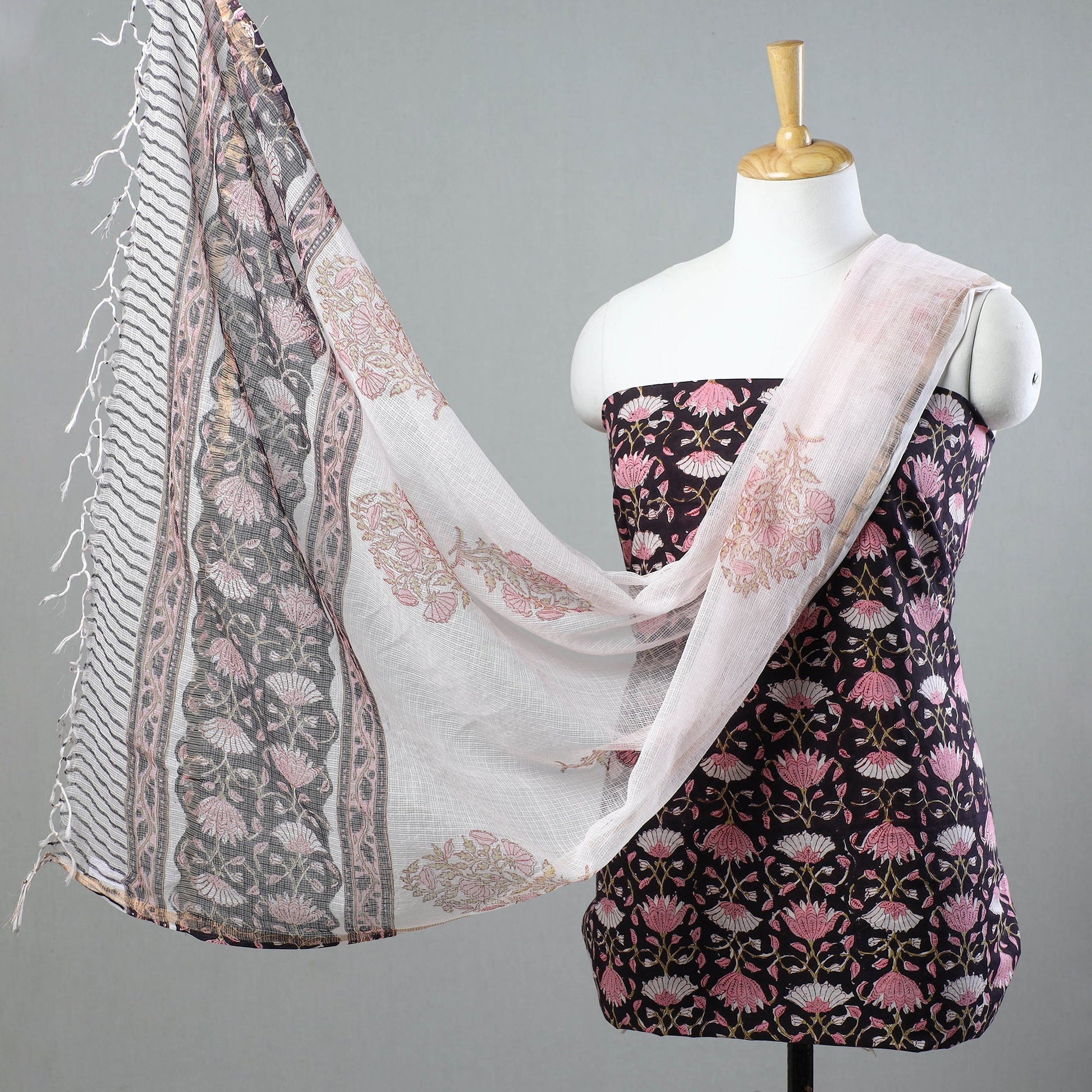 3pc Sanganeri Block Printed Cotton Suit Material with Kota Doria Dupatta 12