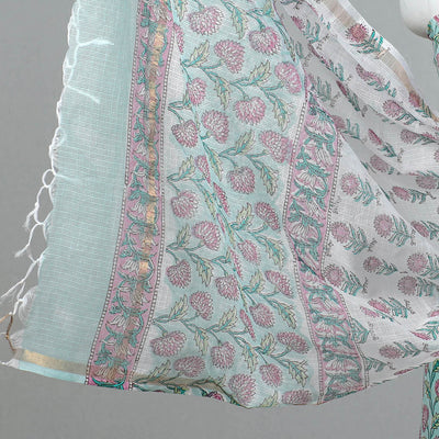 3pc Sanganeri Block Printed Cotton Suit Material with Kota Doria Dupatta 13