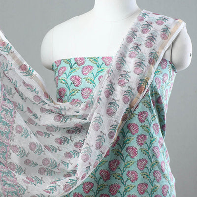 3pc Sanganeri Block Printed Cotton Suit Material with Kota Doria Dupatta 13