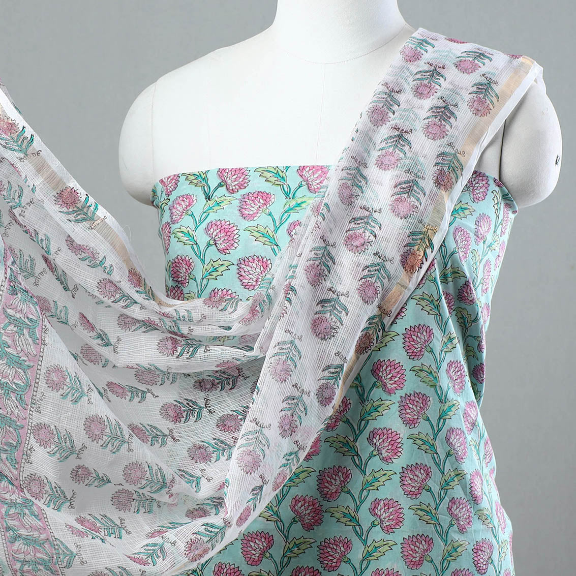 3pc Sanganeri Block Printed Cotton Suit Material with Kota Doria Dupatta 13