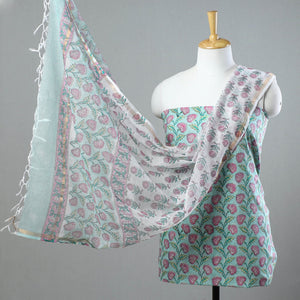 3pc Sanganeri Block Printed Cotton Suit Material with Kota Doria Dupatta 13