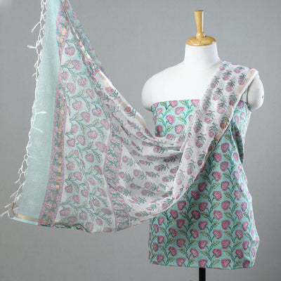 3pc Sanganeri Block Printed Cotton Suit Material with Kota Doria Dupatta 13