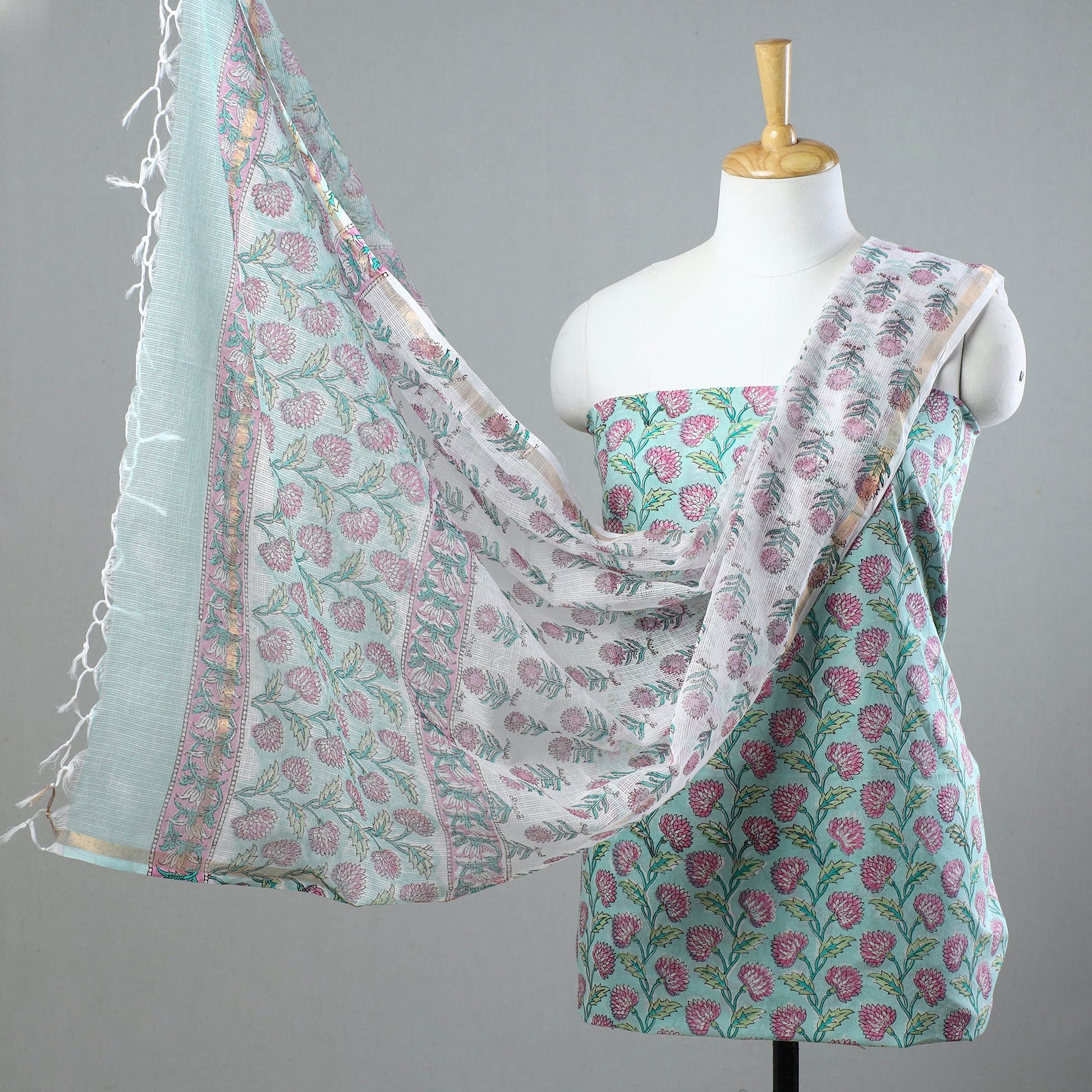 3pc Sanganeri Block Printed Cotton Suit Material with Kota Doria Dupatta 13