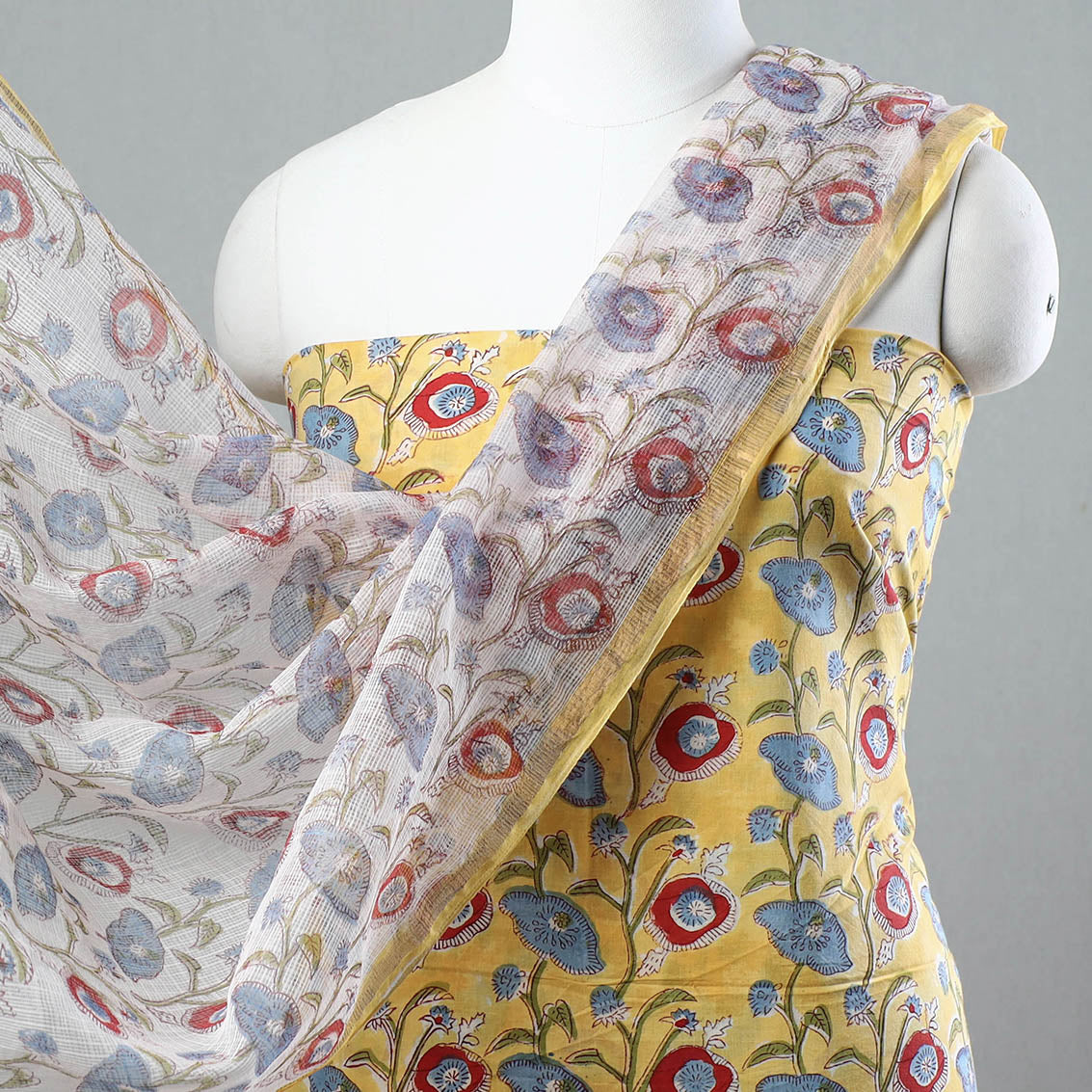 3pc Sanganeri Block Printed Cotton Suit Material with Kota Doria Dupatta 14