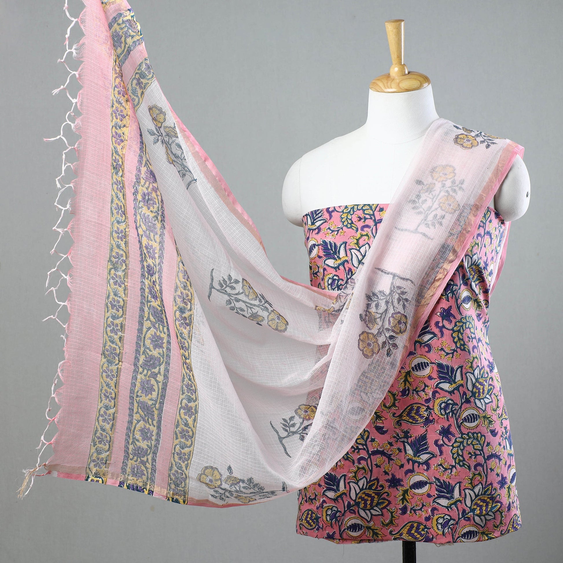 3pc Sanganeri Block Printed Cotton Suit Material with Kota Doria Dupatta 15