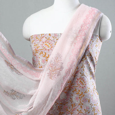 3pc Sanganeri Block Printed Cotton Suit Material with Kota Doria Dupatta 16