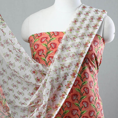 3pc Sanganeri Block Printed Cotton Suit Material with Kota Doria Dupatta 17