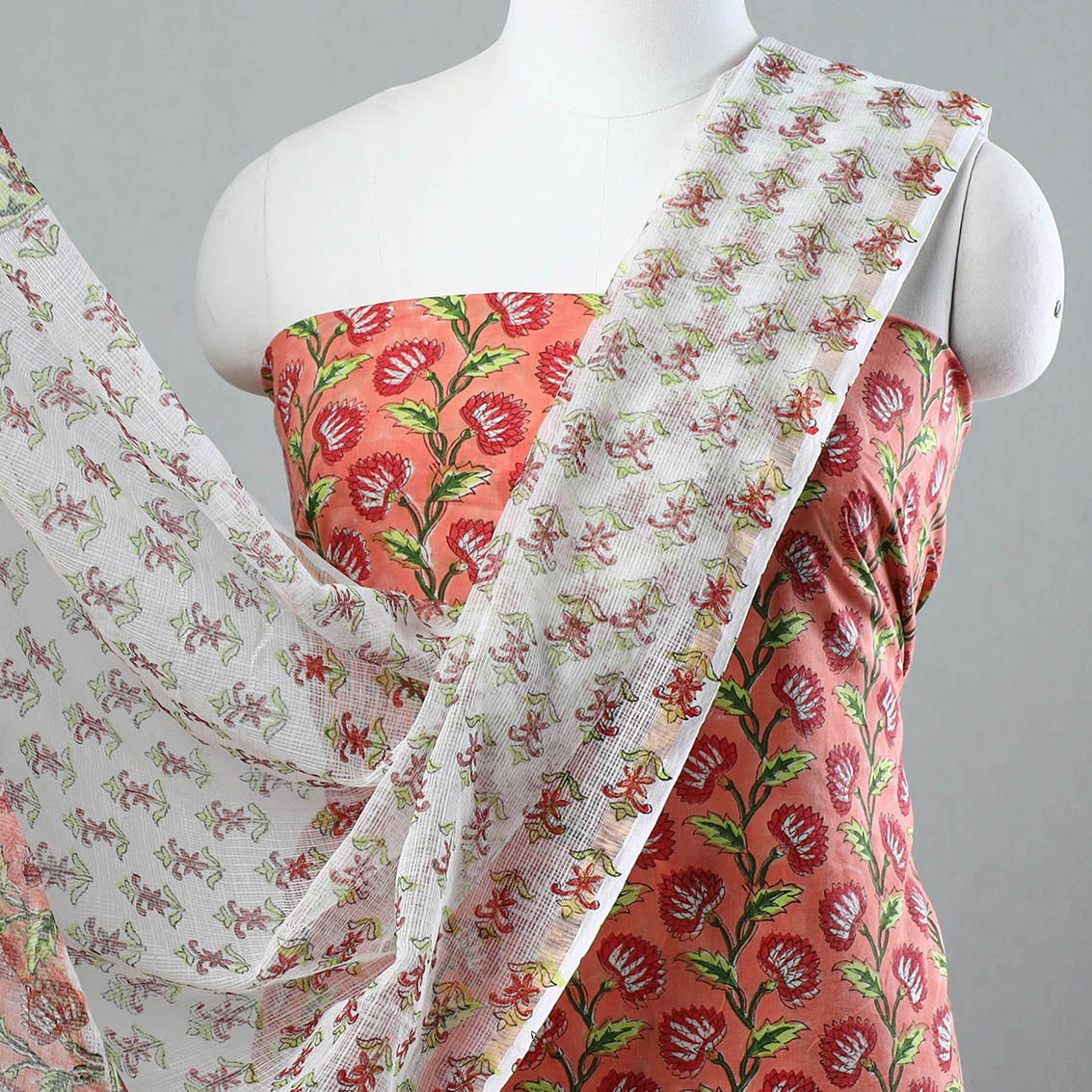 3pc Sanganeri Block Printed Cotton Suit Material with Kota Doria Dupatta 17
