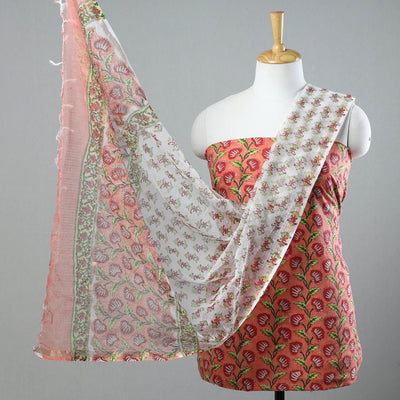 3pc Sanganeri Block Printed Cotton Suit Material with Kota Doria Dupatta 17