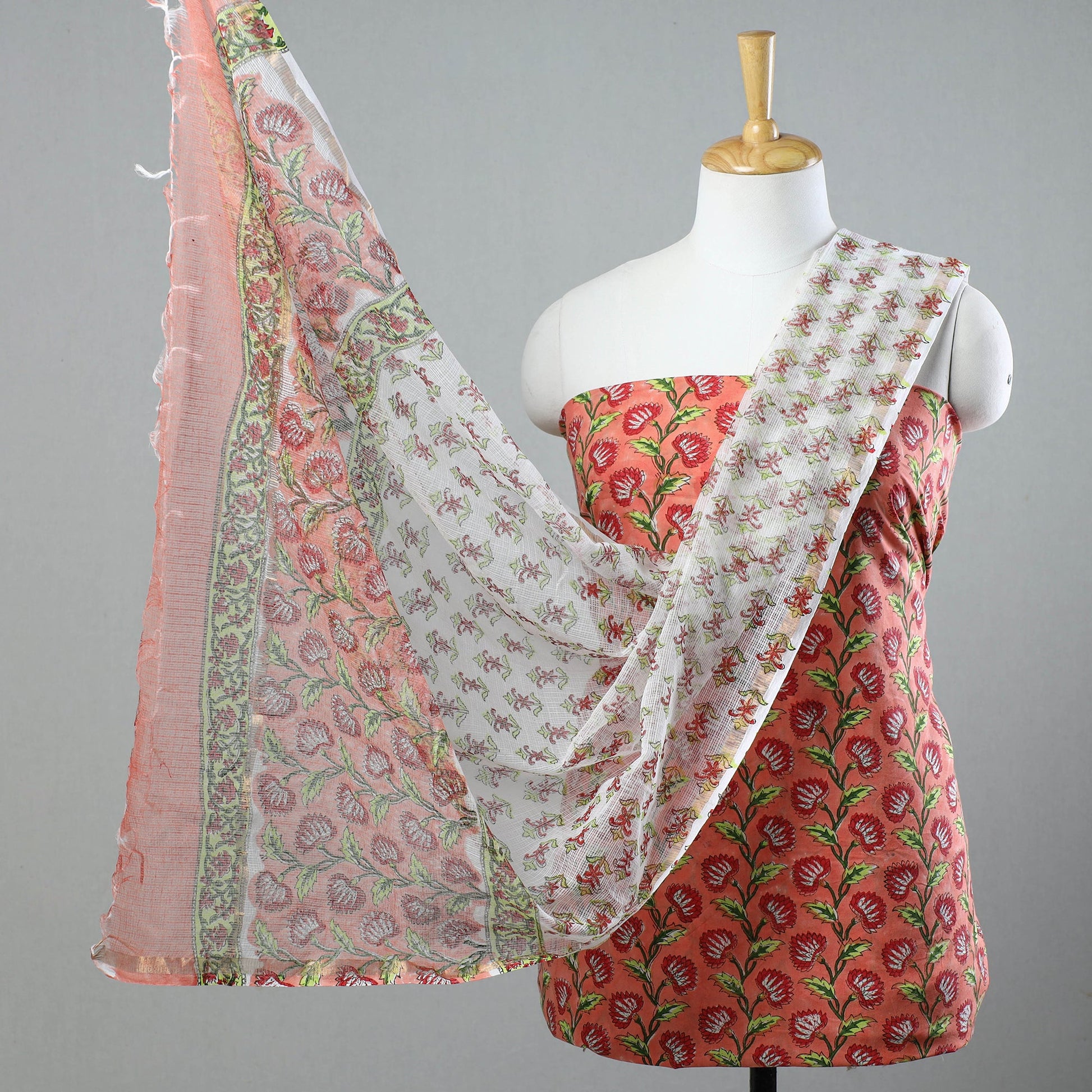 3pc Sanganeri Block Printed Cotton Suit Material with Kota Doria Dupatta 17