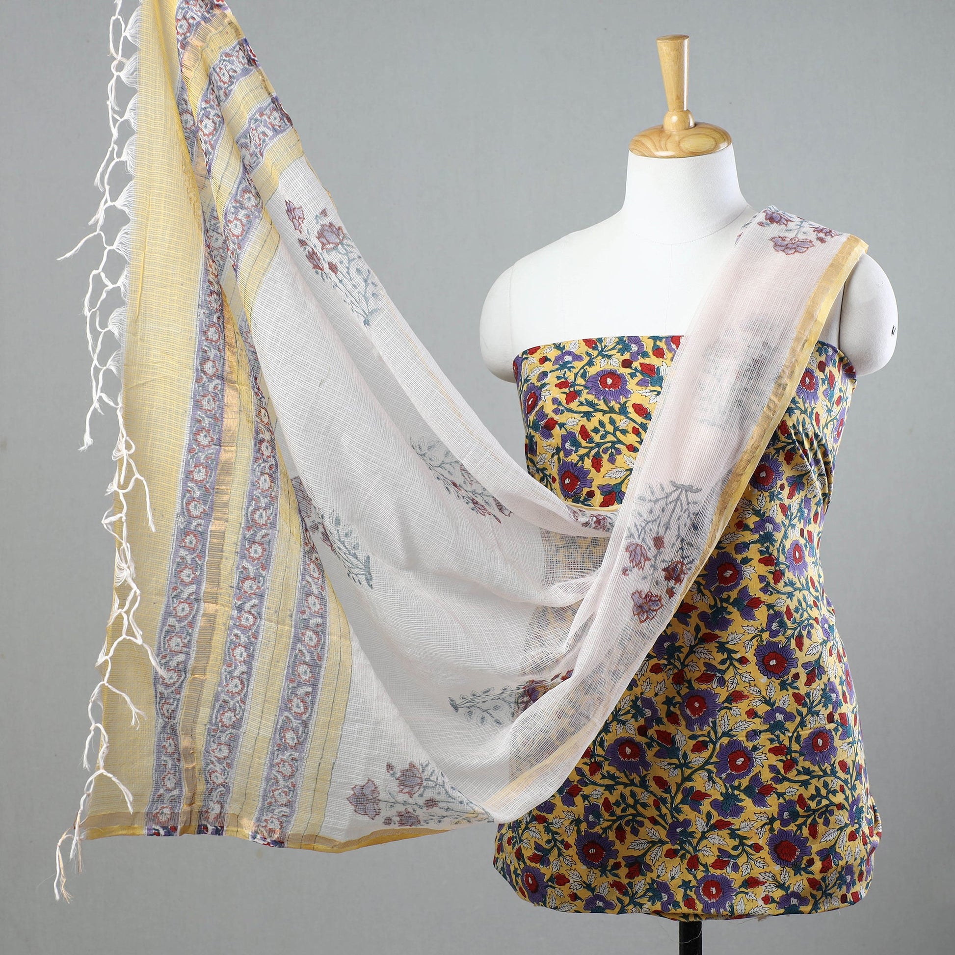 3pc Sanganeri Block Printed Cotton Suit Material with Kota Doria Dupatta 18