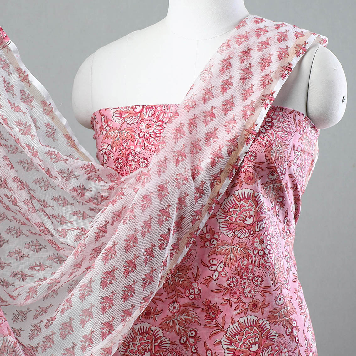 3pc Sanganeri Block Printed Cotton Suit Material with Kota Doria Dupatta 19