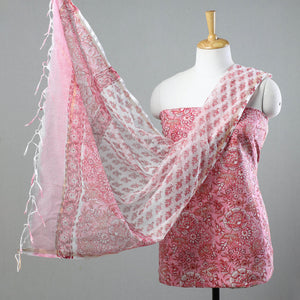 3pc Sanganeri Block Printed Cotton Suit Material with Kota Doria Dupatta 19
