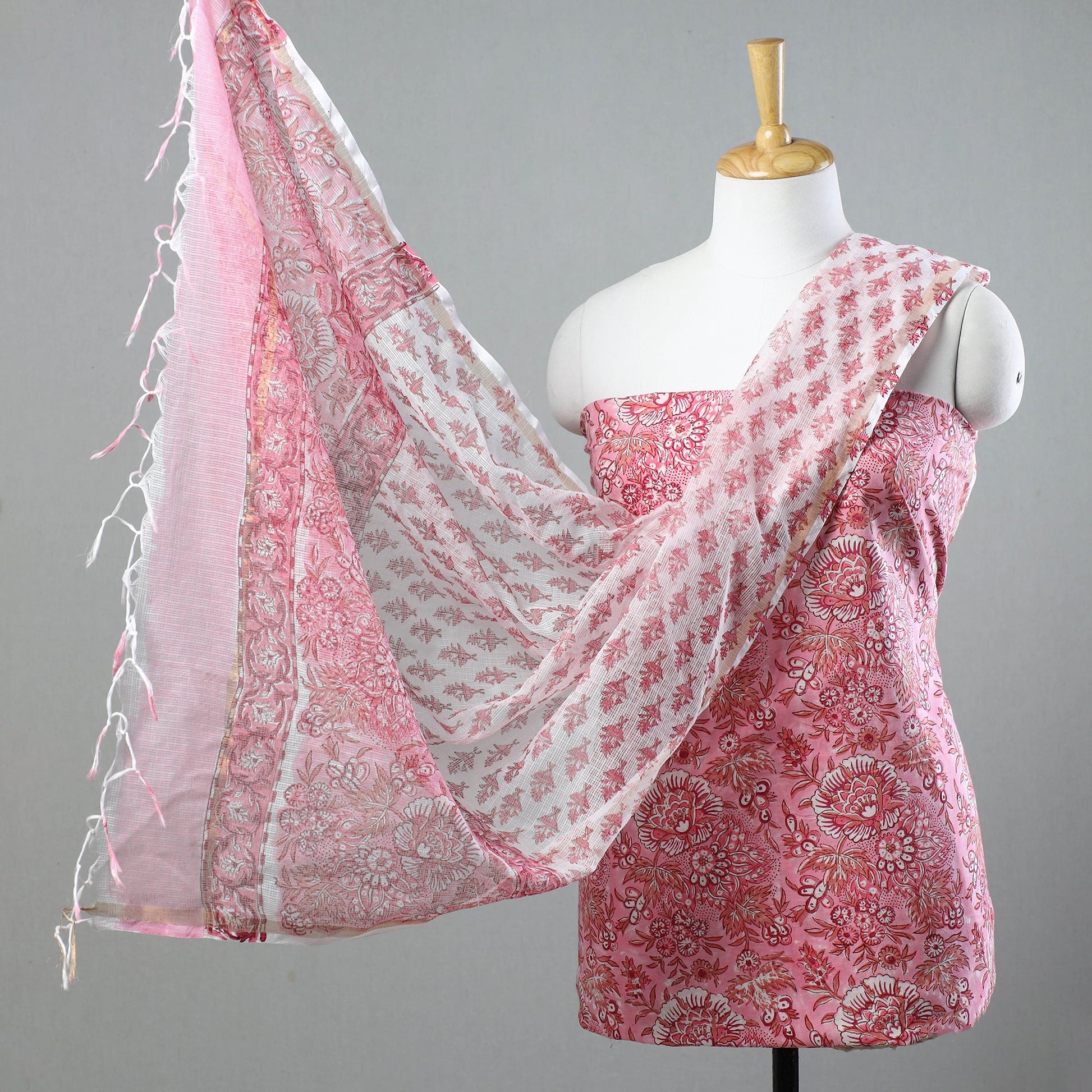 3pc Sanganeri Block Printed Cotton Suit Material with Kota Doria Dupatta 19