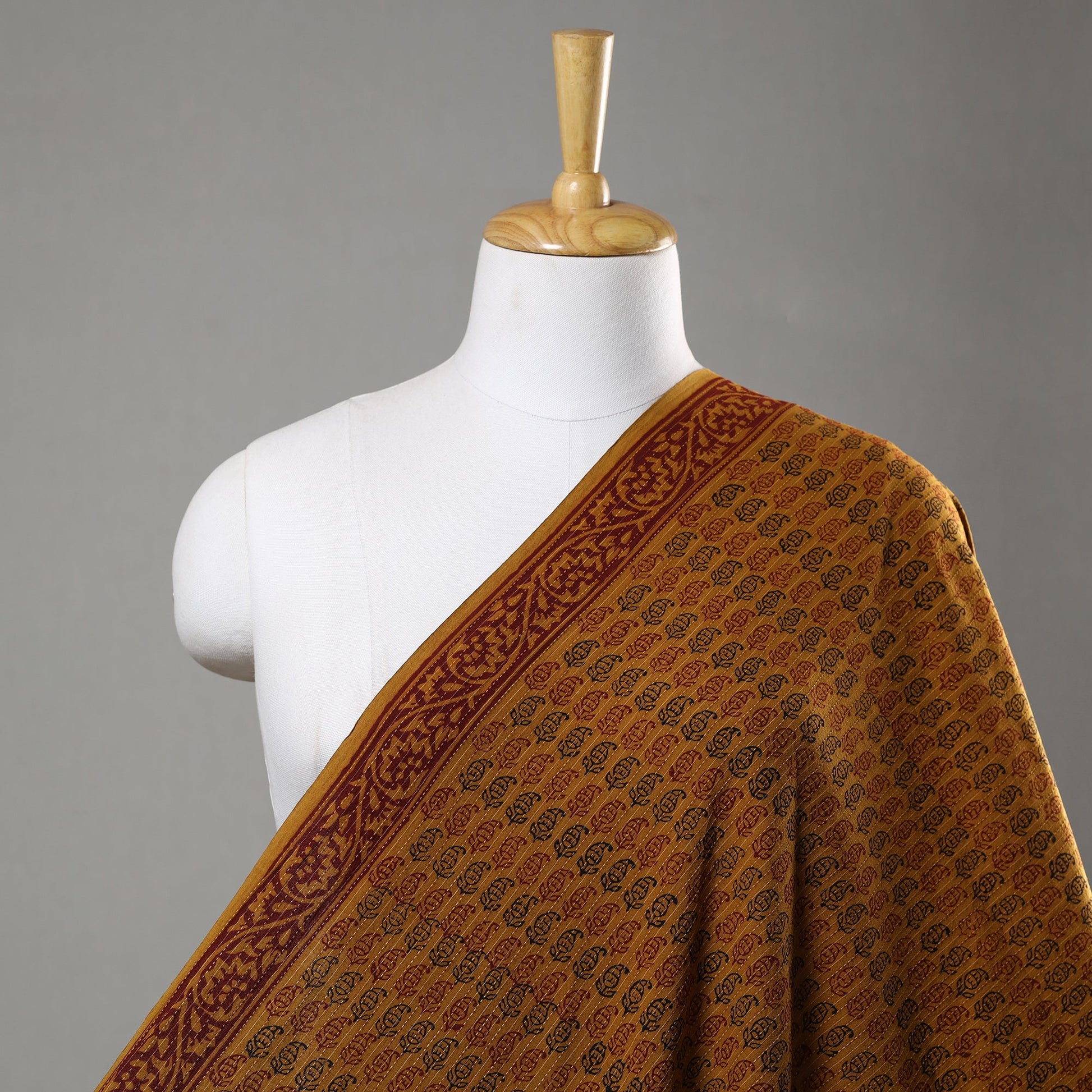 Brown - Bagh Block Printed Kantha Style Cotton Fabric 10