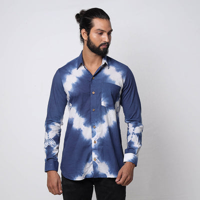 Blue & White - Shibori Tie-Dye Cotton Men Full Sleeve Shirt