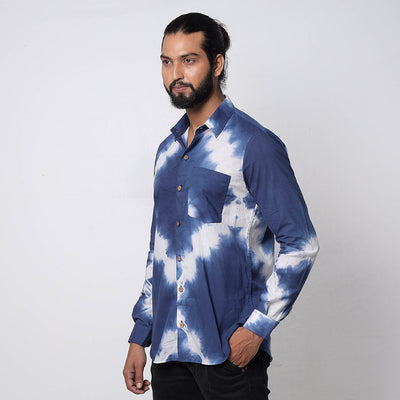 Blue & White - Shibori Tie-Dye Cotton Men Full Sleeve Shirt