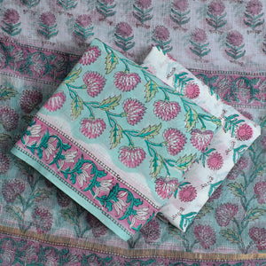 3pc Sanganeri Block Printed Cotton Suit Material with Kota Doria Dupatta 13