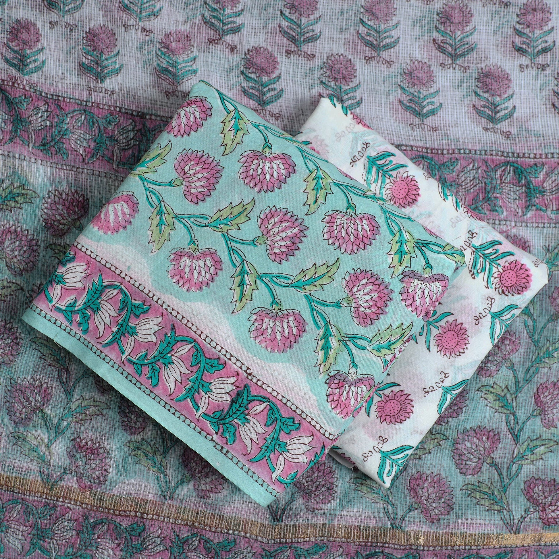 3pc Sanganeri Block Printed Cotton Suit Material with Kota Doria Dupatta 13