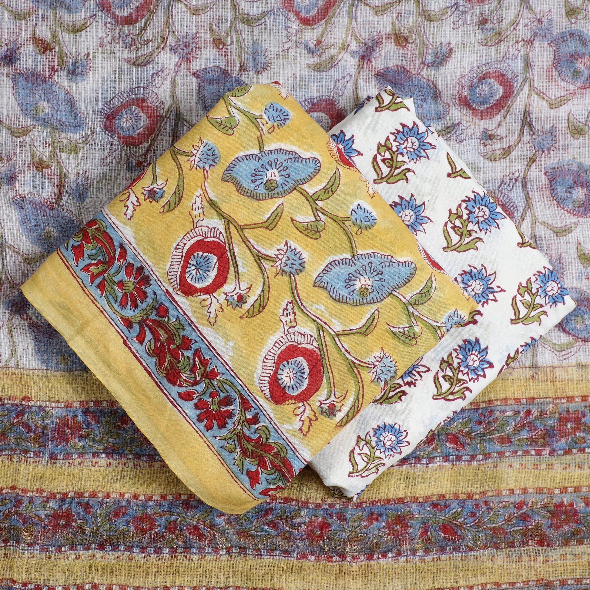 3pc Sanganeri Block Printed Cotton Suit Material with Kota Doria Dupatta 14