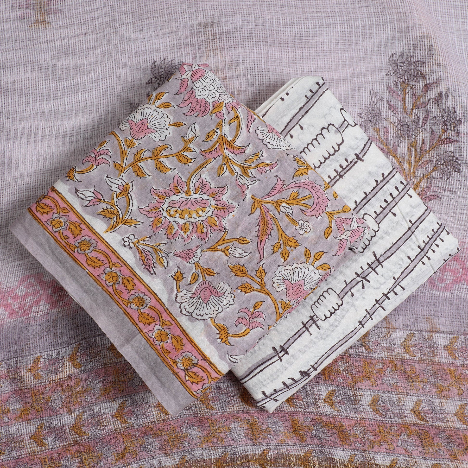 3pc Sanganeri Block Printed Cotton Suit Material with Kota Doria Dupatta 16