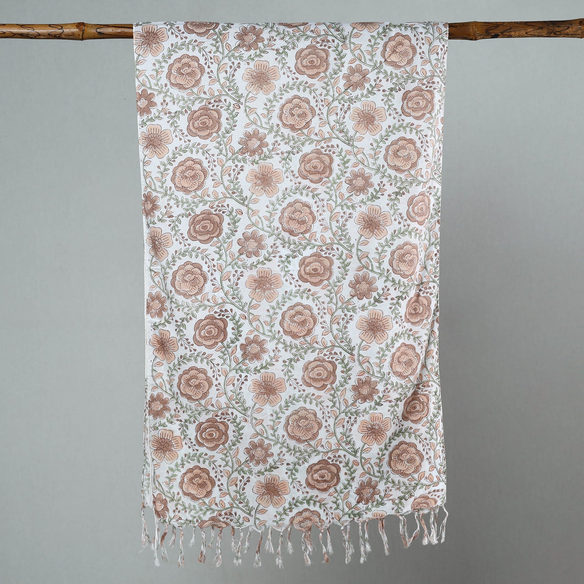 Brown  - Sanganeri Block Printed Cotton Stole with Tassels 169