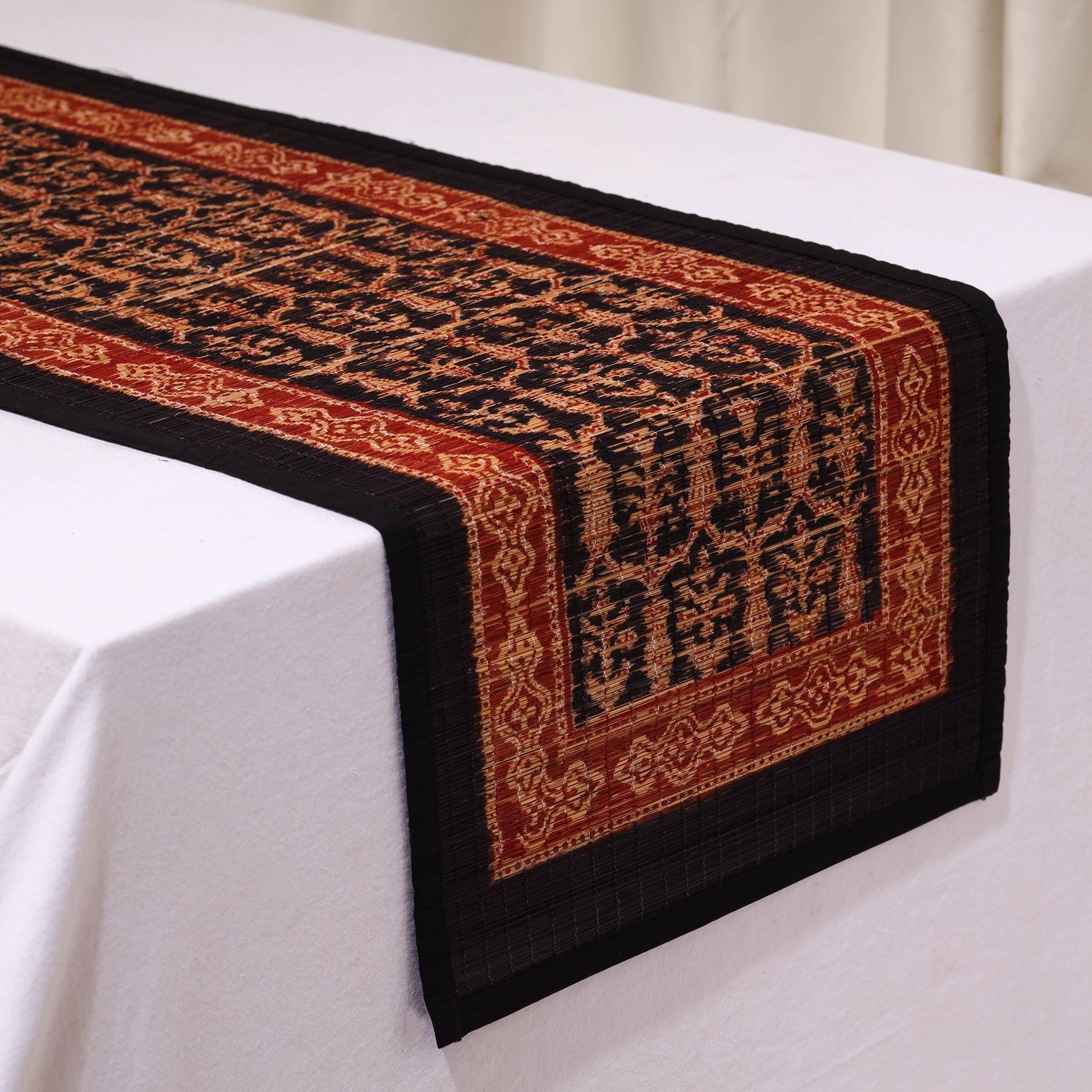 Black - Natural Bamboo Bagh Block Printed Dining Table Runner 04