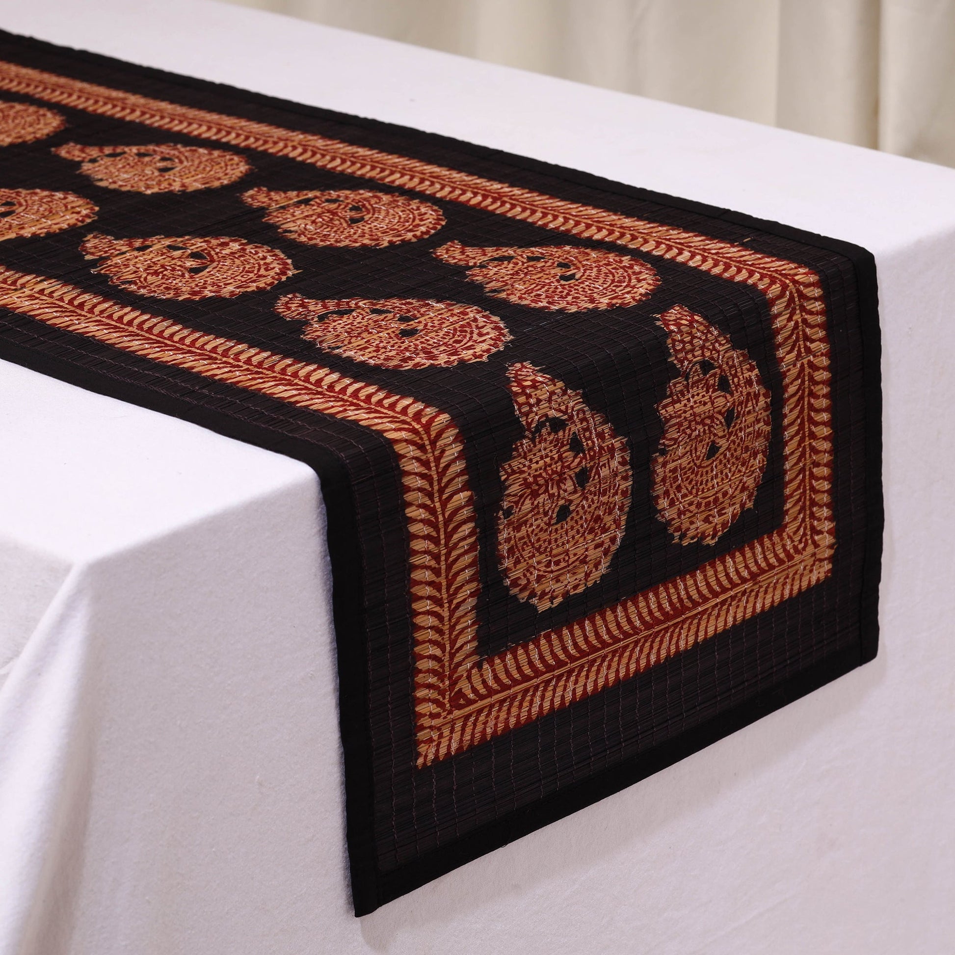 Black - Natural Bamboo Bagh Block Printed Dining Table Runner 05