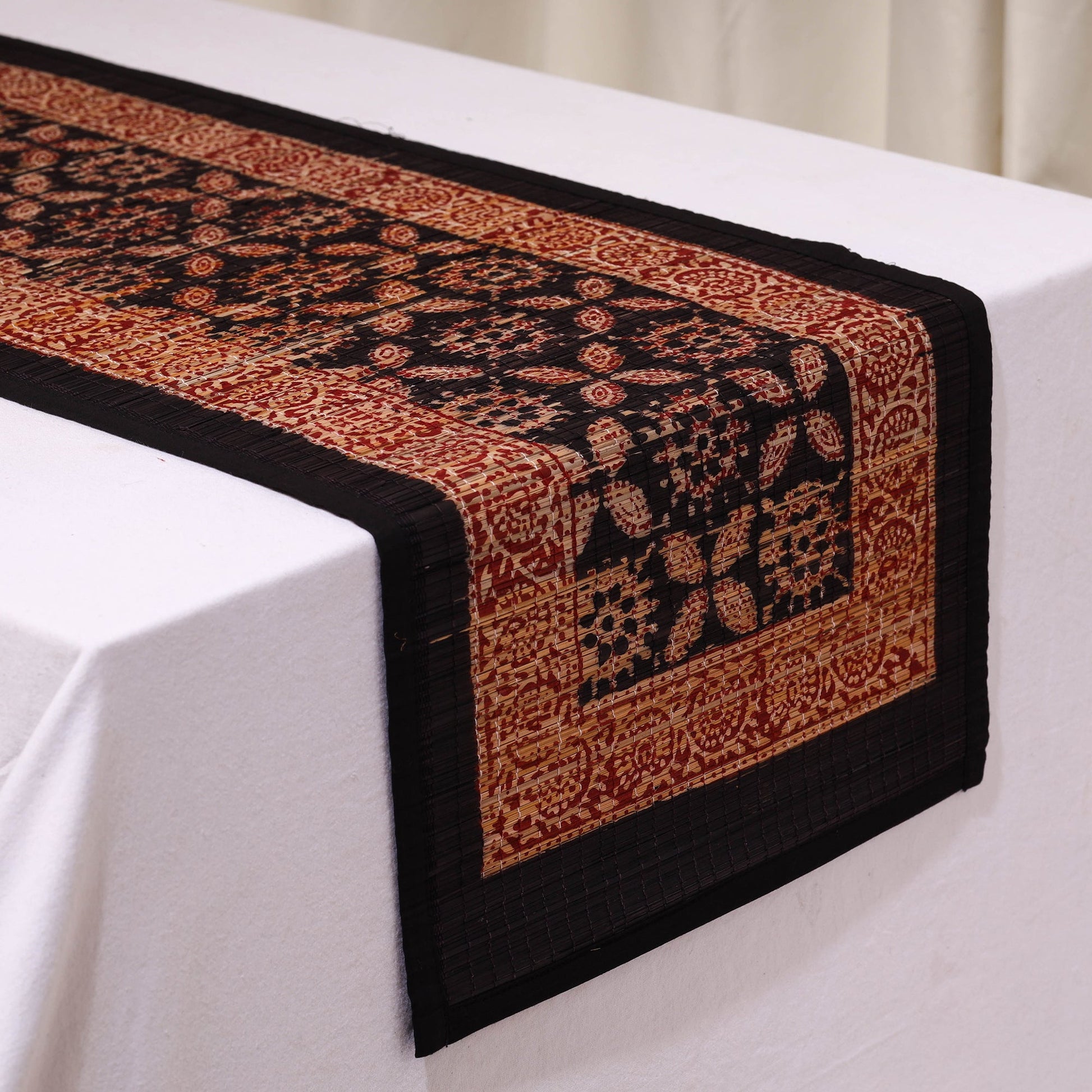 Black - Natural Bamboo Bagh Block Printed Dining Table Runner 06
