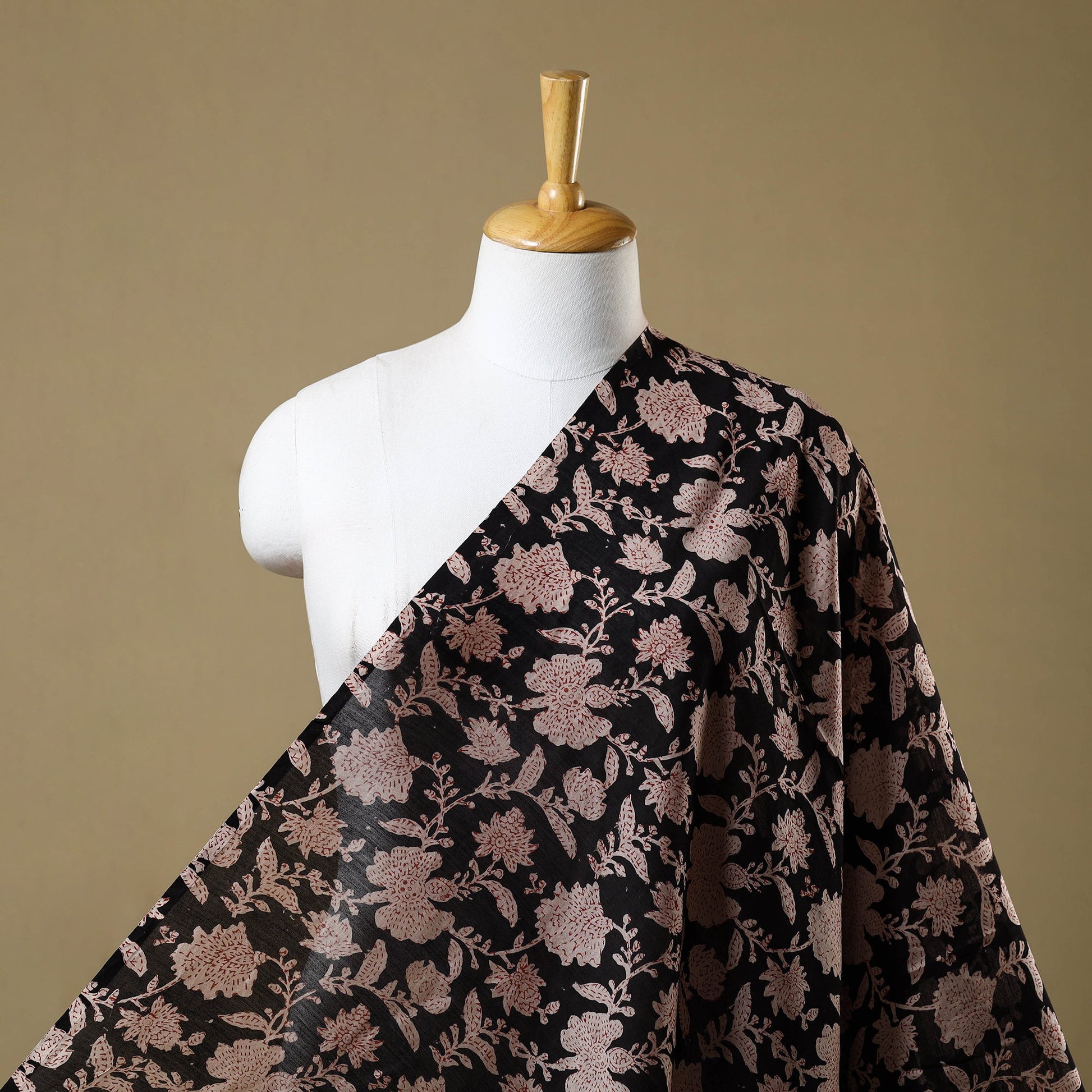 Black - Hand Block Print Chanderi Silk Bagru Fabric 01