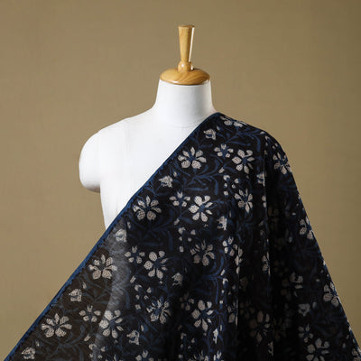 Black - Hand Block Print Chanderi Silk Jahota Fabric 09